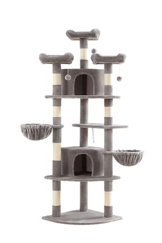 SHA CERLIN 73" Space-Saving Cat Tree/Multi-Level Tall Cat Tower with Perches/Scratching Posts/Condo & Hanging Baskets/Modern Fan-Shaped Design for Indoor Kitties/Pet Activity House/Grey - color: Grey