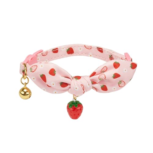 2 Pack Cotton Cat Collar, Removable Bowtie, Floral Pattern, Safety Breakaway Clasp, Adjustable for Cats.(Adult Cat, Bee+Strawberry) - color: 2 Pack (Bee+Strawberry)