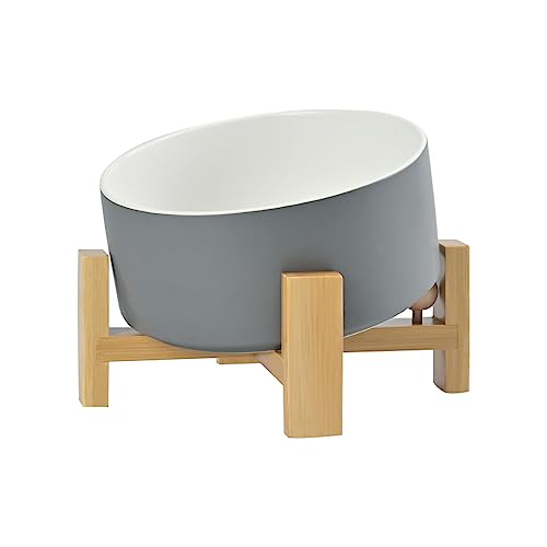 SPUNKYJUNKY 15° Slanted Ceramic Dog Bowl with Elevated Bamboo Stand - Tilted Pet Feeder for French Bulldog Pugs No Slip Anti-Vomiting for Cat Medium Dog Flat Face Pets 28.7 OZ (3.6 Cups, White-Grey) - color: White-Grey, size: 3.6 CUPS × 1