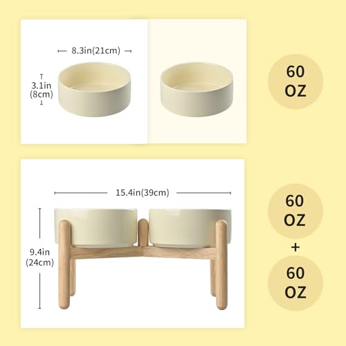 SPUNKYJUNKY Ceramics Elevated Dog Bowls with Wooden Stand - Raised Double 60OZ Cream White Bowls for Medium Large Dogs - color: Cream White (Double Bowls Set), size: Large - 7.6 CUPS
