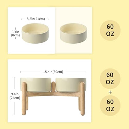 SPUNKYJUNKY Ceramics Elevated Dog Bowls with Wooden Stand - Raised Double 60OZ Cream White Bowls for Medium Large Dogs - color: Cream White (Double Bowls Set), size: Large - 7.6 CUPS
