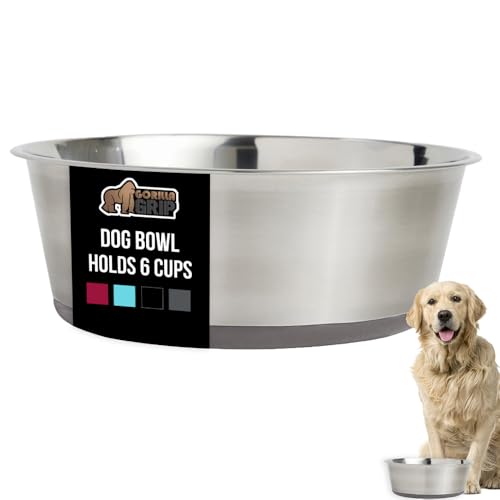 GORILLA GRIP Dog Bowl, Holds 6 Cups (48 fl oz), Food Grade 304 Stainless Steel Food and Water Bowl for Feeding Dogs and Cats, BPA Free Rubber Base, Easy Clean, Dishwasher Safe, Rust Resistant, Gray - color: Gray, size: 6 Cup (48 Oz)