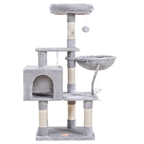 Heybly Cat Tree with Toy, Cat Tower condo for Indoor Cats, Cat House with Padded Plush Perch, Cozy Hammock and Sisal Scratching Posts, Light Gray HCT004W - color: Light Gray, size: 50.4 inch