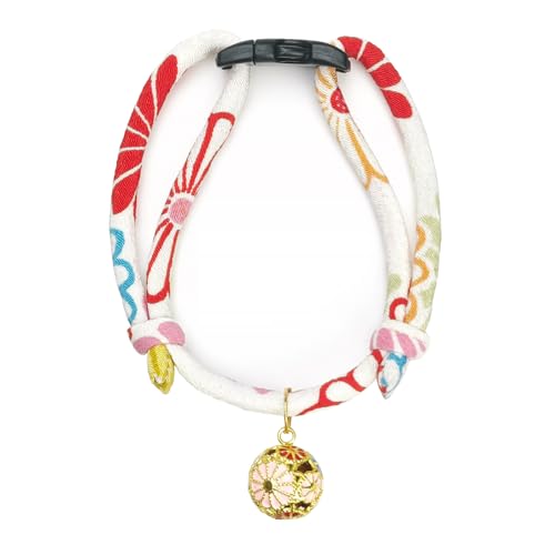 Breakaway Cat Collar with Chrysanthemum Bell, Cute Japaness Chirimen Kitten Collar for Girl and Boy Kitty - color: White