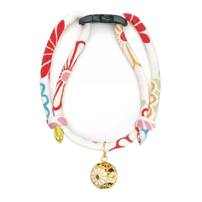 Breakaway Cat Collar with Chrysanthemum Bell, Cute Japaness Chirimen Kitten Collar for Girl and Boy Kitty - color: White