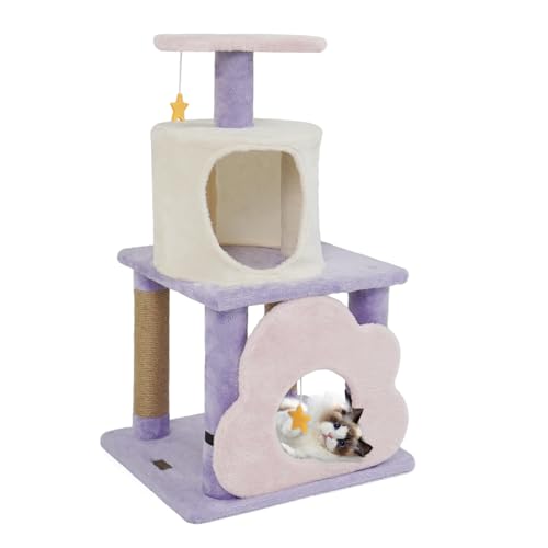 PETSITE 31.5-inch Cute Cat Tree, Multi-Level Small Cat Tree with Scratching Posts, Condo, Star-Shaped Dangling Toys, and Top Perch, Star, Moon & Cloud Elements Mixed, Ideal for Indoor Cats (Purple) - color: Purple