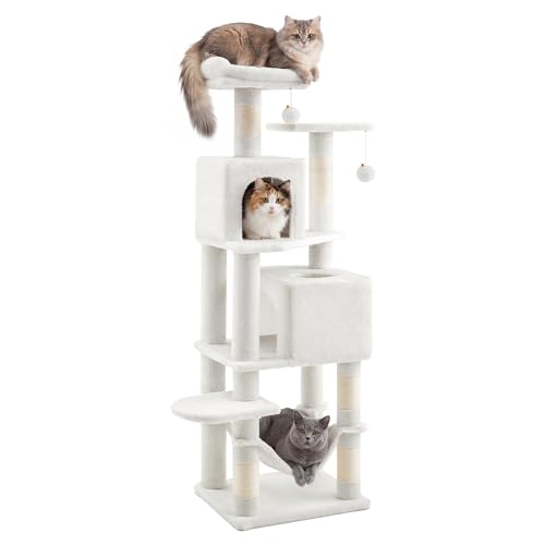 SONGMICS HOME Cat Tree for Indoor Cats, Multi-Level Cat Tower with Sisal Scratching Posts, Hammock and Condo, White - color: White, size: 59.6 Inches