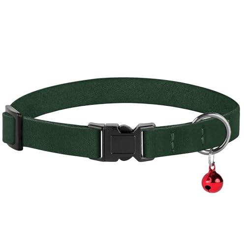 Breakaway Cat Collar Leather with Removable Bell - 13 Colors Available - Soft Adjustable Girl Boy Safety Lightweight Pet Kitten Collars Pink Brown Blue Green Red Orange Black (Emerald) - color: Emerald