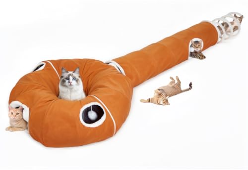 Ownpets 2-in-1 Cat Tunnel, Large Lollipop Shape Cat Tunnel Toy with Fluffy Balls, Spiral Toy, Plush Collapsible Cat Cave Hideout Donut Tunnel for Multi Kitten Puppy Rabbit (Orange) - color: Orange