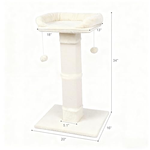 34" Cat Scratching Post for Indoor Cats, Sisal Cat Scratcher with Large Plush Perch, Vertical Posts with Elevated Bed and with Two Dangling Balls, Removable & Washable Cover, Beige White - color: Beige white
