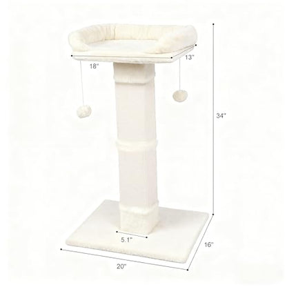 34" Cat Scratching Post for Indoor Cats, Sisal Cat Scratcher with Large Plush Perch, Vertical Posts with Elevated Bed and with Two Dangling Balls, Removable & Washable Cover, Beige White - color: Beige white
