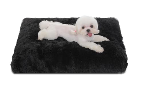 Bedfolks Waterproof Dog Crate Pad, Plush Dog Kennel Bed with Removable Cover, Faux Fur, Washable, 21"x13", Black - color: Solid Black, size: X-Small(21x13'')