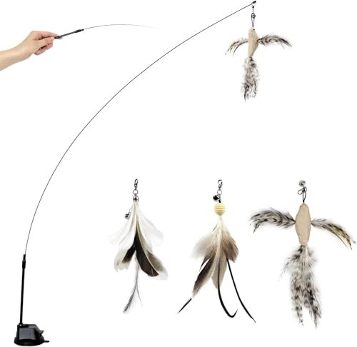 TTcat Cat Wand Toys with Suction Cup, Interactive Bird Simulation Cat Toy Set,Cat Teaser Cat Toys,Flexible Steel Wire and 3Pcs Replacement Feather Refills with Bells. - color: Cat Suction Toys (3Refills)