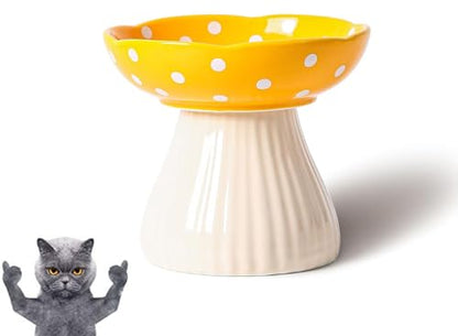 Mushroom Cat Bowl, Elevated Cat Food & Water Bowl, Lead & Cadmium Free Ceramic - Yellow - color: Yellow