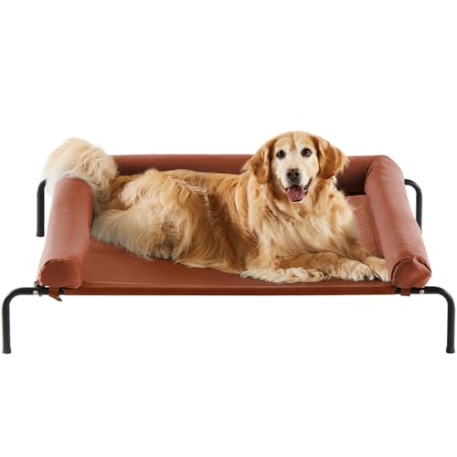 RRPETHOME Large Elevated Cooling Dog Bed, Raised Dog Cot Beds for Large Dogs, Elevated Outdoor Pet Bed, Chew Proof Portable Cooling Pet Cot with Skid-Resistant Feet and Breathable Mesh - color: Caramel, size: 48.0"L x 35.0"W x 8.0"Th