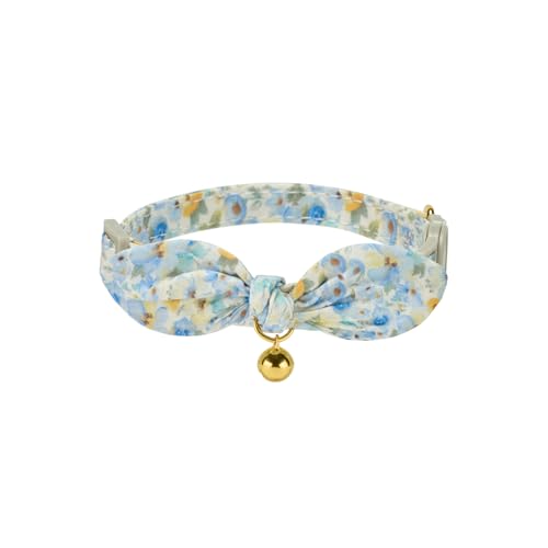 2 Pack Cotton Cat Collar, Removable Bowtie, Floral Pattern, Safety Breakaway Clasp, Adjustable for Cats.(Adult Cat, Blue Daisy and Floral) - color: Blue+Blue