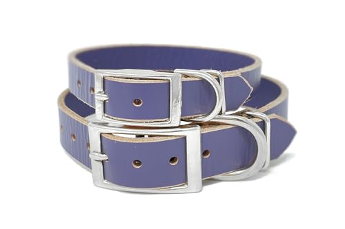 Handmade Personalized Bridle Leather Dog Collar, Engraved Stainless Steel Nameplate (Periwinkle Purple) - color: Periwinkle Purple