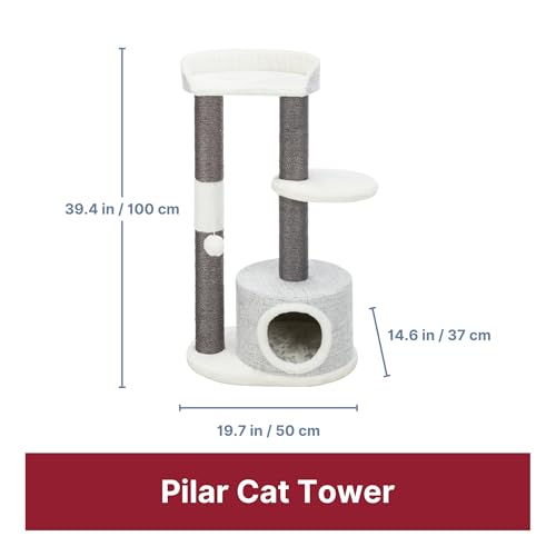 TRIXIE Pilar Cat Scratching Post 39.4 Inch - with Durable Sisal Rope (Gray) and Condo, Two Platforms, Top Platform with Backrest & Dangling Cat Toy - in Gray - color: Pilar