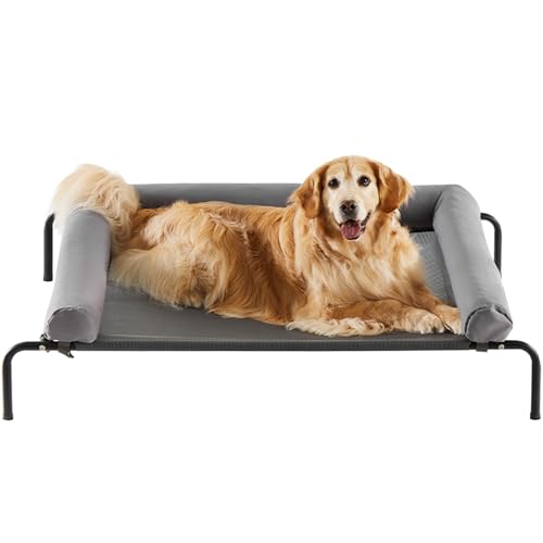 RRPETHOME Large Elevated Cooling Dog Bed, Raised Dog Cot Beds for Large Dogs, Elevated Outdoor Pet Cot, Chew Proof Portable Cooling Pet Cot with Skid-Resistant Feet and Breathable Mesh - color: Grey, size: 54.0"L x 34.0"W x 8.0"Th