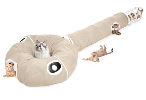 Ownpets 2-in-1 Cat Tunnel, Large Lollipop Shape Cat Tunnel Toy with Fluffy Balls, Spiral Toy, Plush Collapsible Cat Cave Hideout Donut Tunnel for Multi Kitten Puppy Rabbit (Beige) - color: Beige