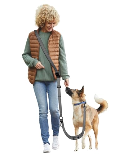 Hands Free Dog Leash & Car Seatbelt, 5.9-9.5ft Crossbody Dog Belt with Dual Soft Handles, Shock-Absorbing, 360° Clip, Reflective Design for Walking, Running, Hiking, Travel. (Gery) - color: Grey, size: Large-5.9-9.5ft