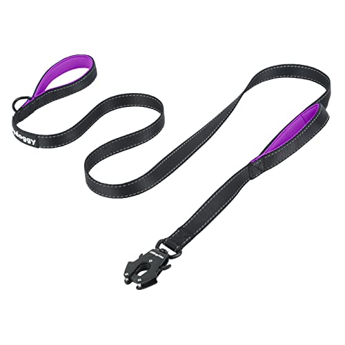 Strong Heavy Duty Dog Leash - 5ft Reflective Nylon Training Leash with Soft Padded Double Handle & Auto Lock Frog Clip - Safety Traffic Control for Large Medium Small Dog No Pull Walk Black Purple,5ft - color: Black Purple, size: 5FT x 1" x 2.8MM