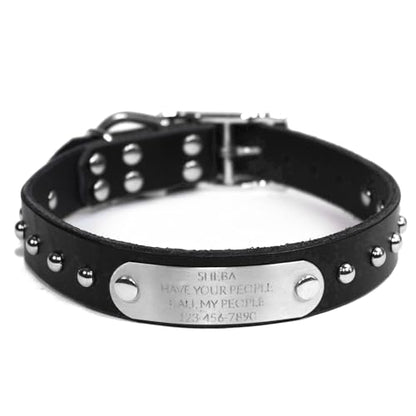 Handmade Studded Bridle Leather Dog Collar, Silver Tone Hardware and Stainless Steel Nameplate (Black) - color: Black