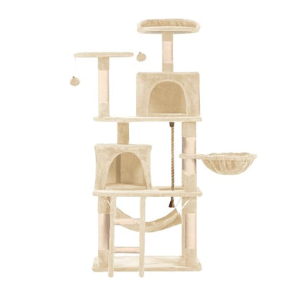 Cat Tree 60.63 inches Cat Tower for Indoor Cats, Multi-Level Cat Condo Furniture with Scratching Posts, Plush Perches, Activity Center with Cozy Basket & Hammock for Cats(Beige) - color: Beige