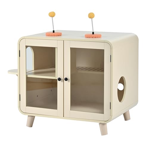 Merax Cat Hidden Litter Box Enclosure with RGB LED Light – Retro TV-Style Cat House Cabinet with Stairs, Pom-Pom Toys, Litter Leak Walkway & Glass Doors for Living Room,Beige - color: Beige
