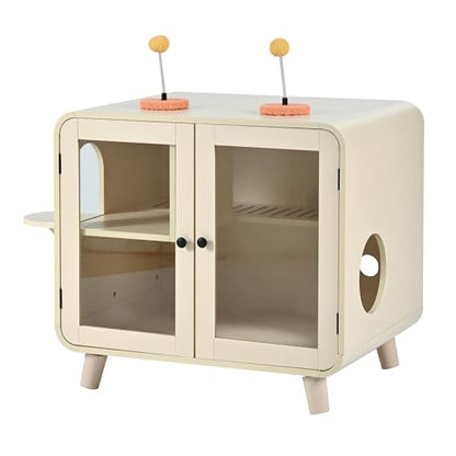 Merax Cat Hidden Litter Box Enclosure with RGB LED Light – Retro TV-Style Cat House Cabinet with Stairs, Pom-Pom Toys, Litter Leak Walkway & Glass Doors for Living Room,Beige - color: Beige