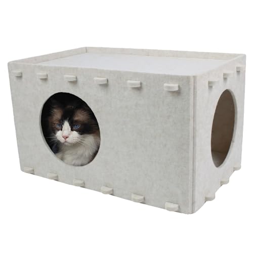 Cat House for Indoor Cats, Foldable Felt Cat Cave, Cat Hideaway, Cat Bed for Large & Multiple Cats, 23.6x15.8x11.8 inch, Cream - style: Camel