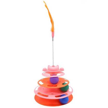 Cat Ball Track Toys, Creative Feather Toy, consisting of 3 Balls and a Feather Stick, Tower-Shaped cat Intelligence Toy, Suitable for Chasing Games with Kittens. (Pink) - color: Pink