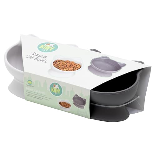 Kitty City Elevated Cat Bowls (Set of 2), Whisker-Friendly Raised Cat Food & Water Dishes, Modern Pedestal Design, Dishwasher Safe, 6.5 oz Each – White & Gray - color: White & Gray, style: Small