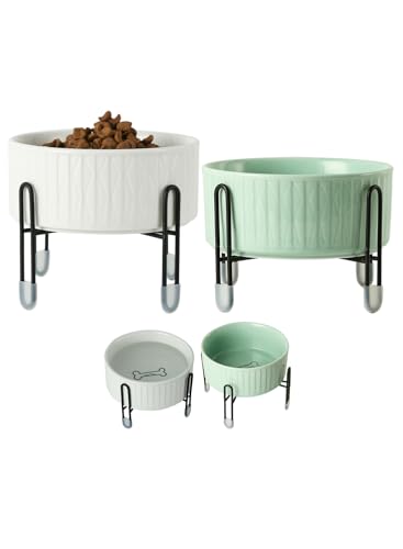 32 OZ Ceramic Dog Cat Bowls with Elevated Metal Stand, 2 Heights Elevated, 6.5 Inch Ceramic Round Pet Food and Water Feeder Bowl Dish for Cats & Dogs, White & Green - color: White & Green