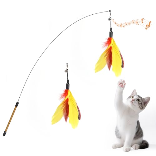Pawaboo Feather Teaser Cat Toy, Interactive Feather Wand Cats Toy Flying Feathers Cat Catcher with Extra Long 34.5" Wand and Small Bell, Exerciser Playing Toys for Kitten or Cats, Yellow + Red Brown - color: Yellow + Red Brown