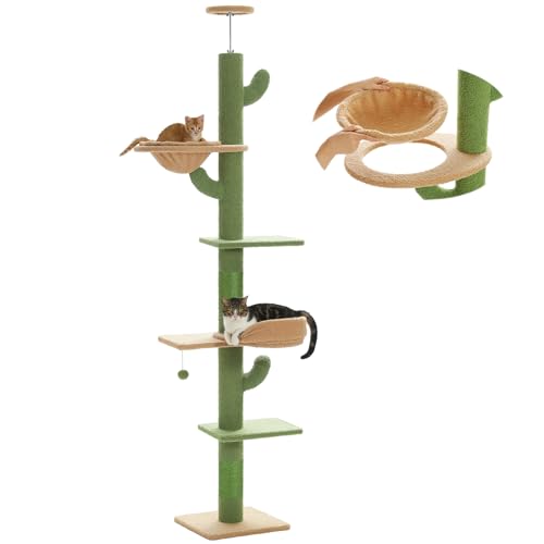 PETEPELA Floor to Ceiling Cat Tree [87"-100"] Height Adjustable, 5 Levels Cactus Cat Tower with Perch&Replaceable Hammock(Visible Acrylic Bowl), 4.1" Super Robust Cat Scratcher, Cactus Green