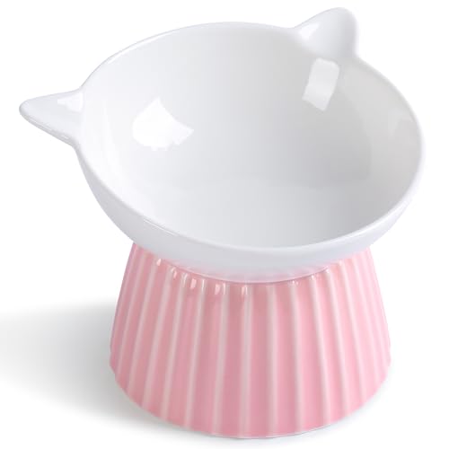 Ceramic Raised Cat Bowl，Tilted Raised Bowl Anti Vomit for Indoor Cats Whisker Friendly Pet Feeder for Cats Puppies, Microwave and Dishwasher Safe (Blue) - color: Pink