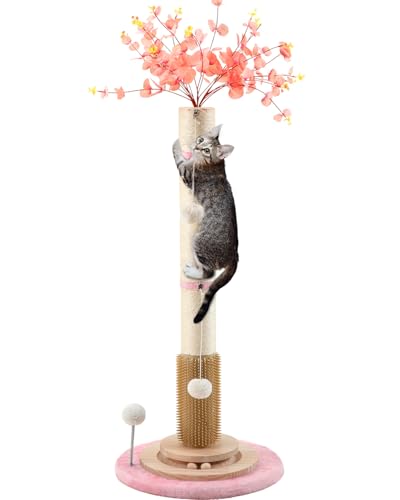 45'' Tall Cat Scratching Post,Heavy Duty for Indoor Large Cats 3.5Inch Diameter Natural Sisal Rope Post,Stable Real Wood Base,Artificial Plant Design Scratcher with Interactive Ball Toy for Home Decor - color: pink-45inch