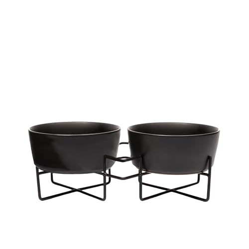 Waggo Simple Solid Double Dog Bowl Stand - Iron Stand with Ceramic Feeder and Water Bowl, Elevated Pet Feeder (Matte Black, Large) - size: Large