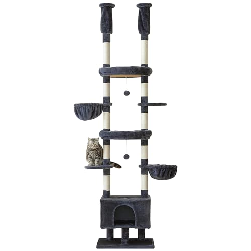Cat Tree, Floor to Ceiling Cat Tower Adjustable Height [92.9-102.4in=235-258cm], 7 Tiers Cat Climbing Play House with Scratching Post, Cozy Condo&Hammocks for Indoor Cats, Smoky Grey - color: Smoky Grey