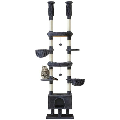 Cat Tree, Floor to Ceiling Cat Tower Adjustable Height [92.9-102.4in=235-258cm], 7 Tiers Cat Climbing Play House with Scratching Post, Cozy Condo&Hammocks for Indoor Cats, Smoky Grey - color: Smoky Grey