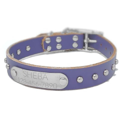 Handmade Studded Bridle Leather Dog Collar, Silver Tone Hardware and Stainless Steel Nameplate (Periwinkle Purple) - color: Periwinkle Purple