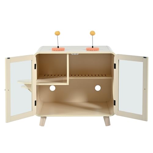 Merax Cat Hidden Litter Box Enclosure with RGB LED Light – Retro TV-Style Cat House Cabinet with Stairs, Pom-Pom Toys, Litter Leak Walkway & Glass Doors for Living Room,Beige - color: Beige