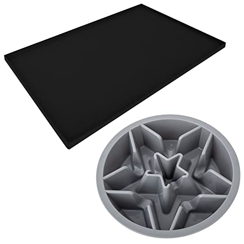 Leash Boss 2-Cup Slow Bowl and XL Mat - Silicone Food Mat (25"x17", Black) and 2-Cup Maze Dog Dish (Gray)