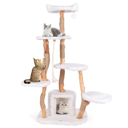 Tangkula Solid Wood Cat Tree, Modern Wooden Cat Tower with Jute Scratching Posts, Perch, Condo, Sisal Rope, Dangling Ball, Soft Long Plush, 66 Inch Tall Cat Tree Tower for Indoor Cats Large Adult - style: Round Condo