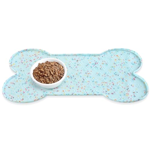PWTAA Dog Food Mat Anti-Slip Silicone Dog Bowl Mat Thicker Pet Placemat Waterproof Cat Feeder Pad with Raised Edge Puppy Kitten Feeding Mats Suitable Small Medium-Sized Dogs Cats Eating Tray - color: Donut Blue, size: 25.6" x 13"