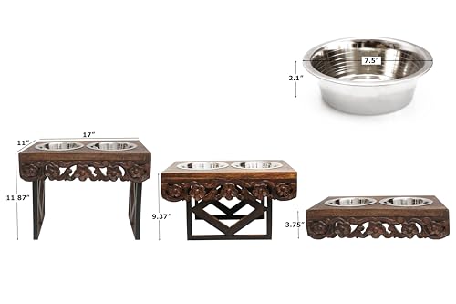 Elevated Pet Feeder for Dogs and Cats - The Bali Carved Wood Pet Feeding Stand with Two Stainless Steel Bowls - Three Heights Adjustable Raised Dog Bowl - Food Water Pet Feeding Station - IRONGATE - color: The Bali Hand Carved Wood - Adjustable