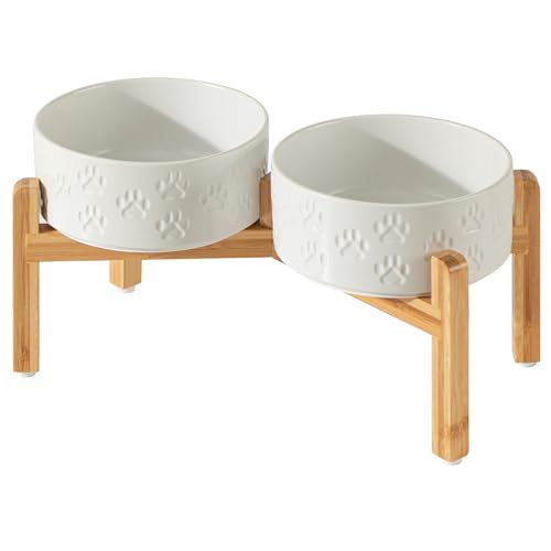 Elevated Ceramic Dog Bowls, 7.3" Dog Dishes with Stand, 5 Cup Elevated Food & Water Bowls for Medium Sized Dogs, Microwave Safe (Double Bowls + Stand - White, 7.3 inch) - color: Double Bowls + Stand - White, size: M - 7.3 inch