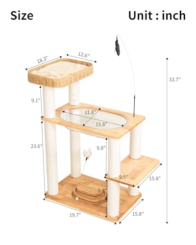 Wood Cat Tree for Large Cats, Modern Cat Tree Tower with Wide Shelves Cotton Scratching Posts, Super Sturdy Base, Cozy Perches, and Interactive Toys for Indoor Kittens - color: s975