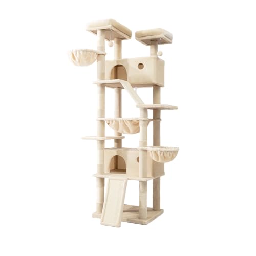 SHA CERLIN 81in Multi-Level Tall Cat Tree Tower for Indoor Kitties/Larger Cat Condo Furniture with Hammock/Cozy Pussycat Perches/Sisal Scratching Posts/Pet House/Wide Base/Beige - color: Beige